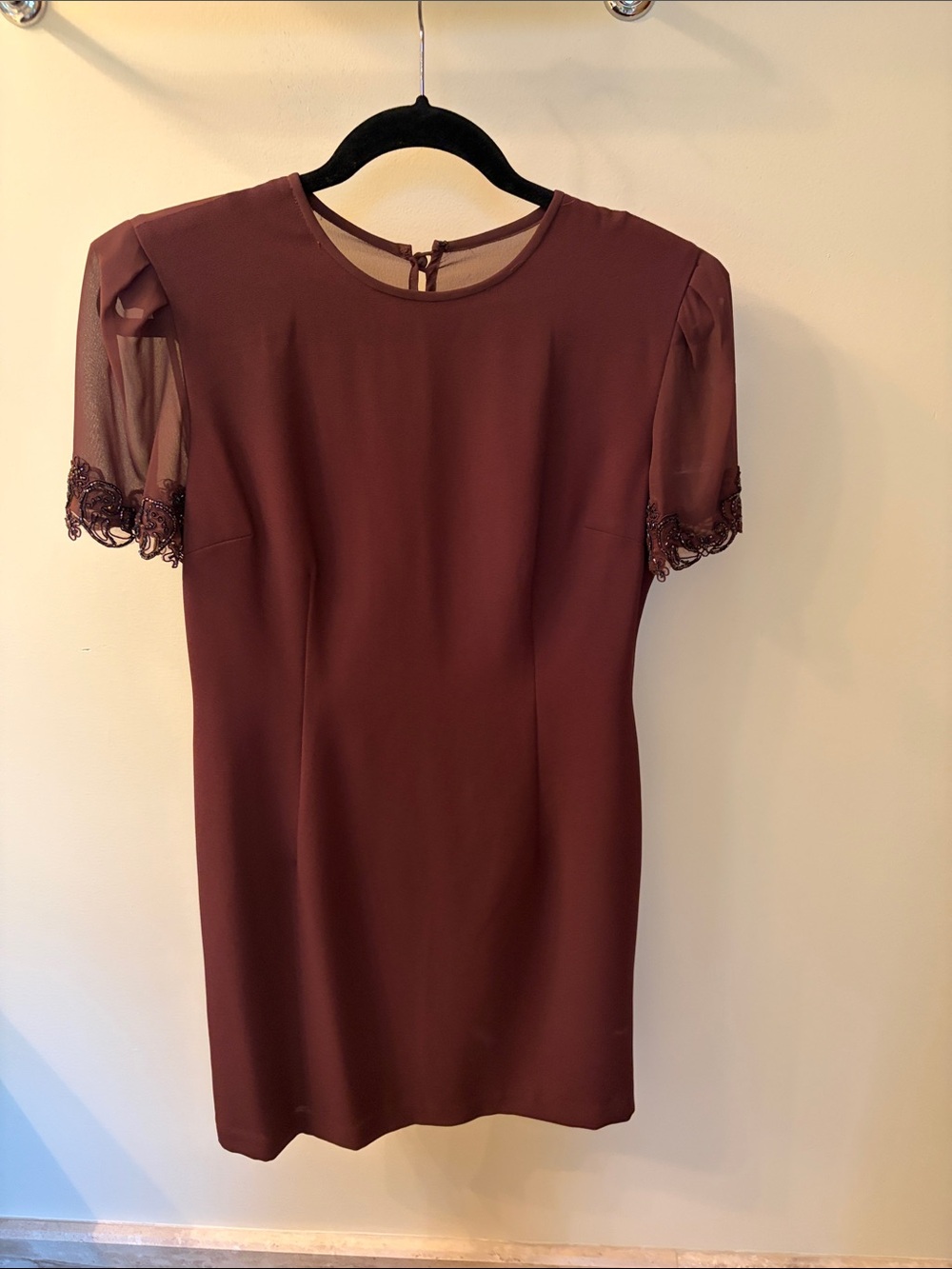 Donna Morgan Chicolate Brien Mini Dress with Lace Sleeve Detail